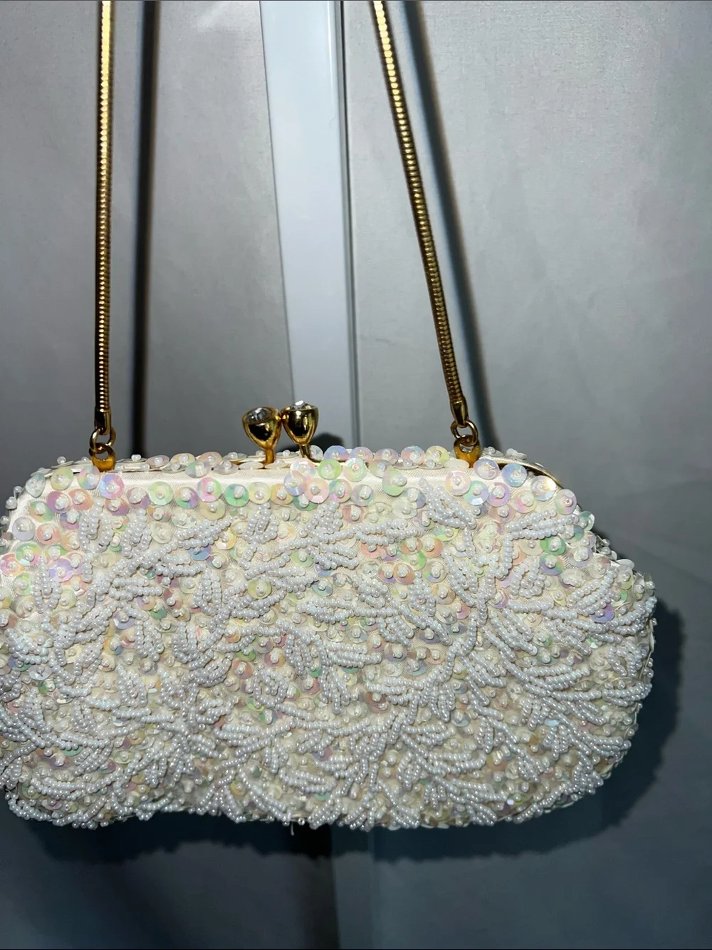 Source Unknown Ivory Pearl & Sequin Beaded Evening Clutch Vintage 1950s